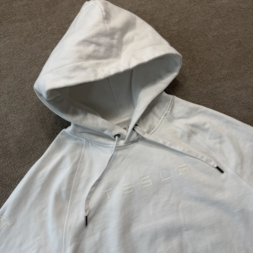 Tesla Core Hoodie Mens Large White Pullover Zipper Pockets Raglan Embossed Logo
